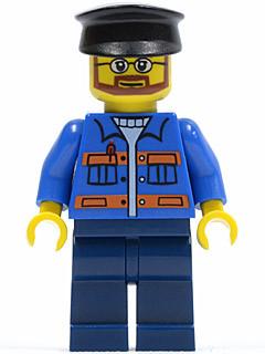 LEGO Minifigure-Blue Jacket with Pockets and Orange Stripes, Dark Blue Legs, Black Hat-Town-TWN124-Creative Brick Builders